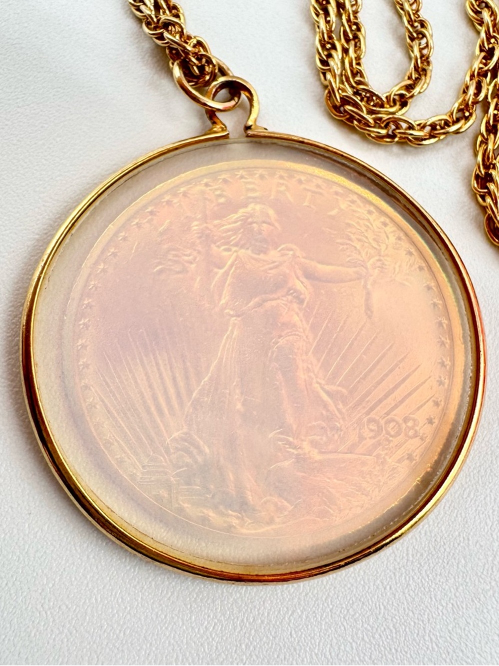 Vintage Holographic Lady Liberty 1908 Coin Pendant Necklace 18” Gold Tone
